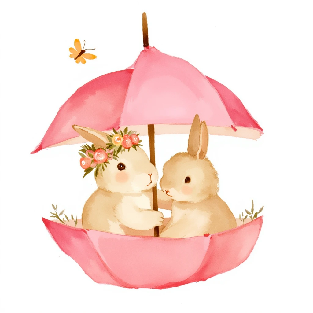 A watercolor of two bunnies inside an upside-down pink umbrella. The bunny on the left has a floral crown on its head, while the one on the right is simply looking towards the left bunny. Above them, there's a small butterfly flying. The background is a plain white, emphasizing the bunnies and the umbrella.