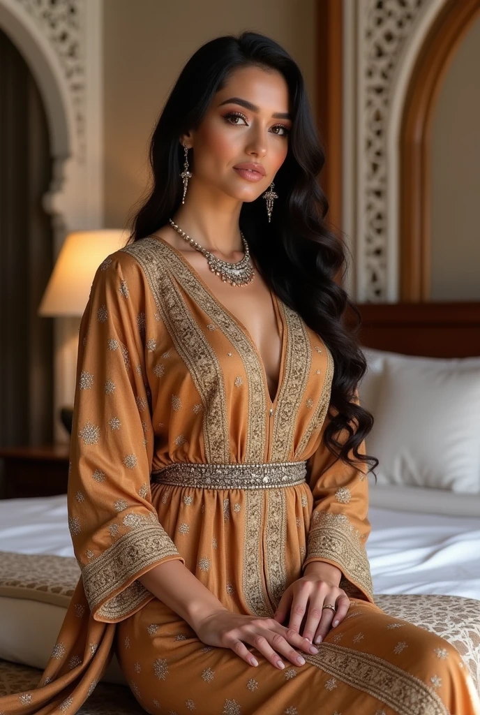 Shot on DSLR Prime Lens, background blur, Beautiful girl, breast size 36, Generate a high-resolution, realistic image of a beautiful Indian female, dressed in an elegant yet comfortable kurti pajama ensemble. Colorful shawl around her back, The kurti should be beautifully designed, adorned with intricate embroidery and elegant patterns, and it should have a modest neckline that covers her chest without revealing cleavage with traditional Indian jewelry, including delicate earrings, bangles, and a necklace that enhances her overall look, Sunshine outdoors with photoshoot model,looking towards the viewer