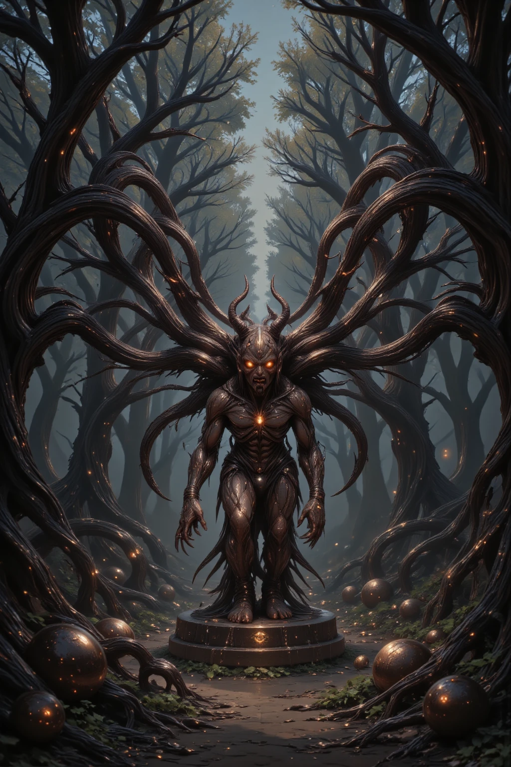 masterpiece:1.3, highres:1.3, Horror's greatest masterpiece, A miraculous fusion of reality and fiction, Artistic works by H.R. Giger:1.3, There are many twisted trees growing around, Very dark forest, There's a miasma in the forest,In the middle of the forest, a statue of a demon with a tormented expression stands on a pedestal, Devil statue, Gargoyle, Scary colors, horror, Fear