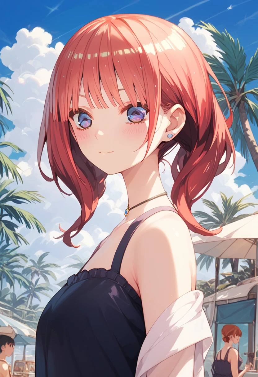 One person girl，Cropped shoulders Smaller bust，Photo portrait，Off-the-shoulder outfit，，Cleavage，Open belly button，Red Hair，Blue Eyes、濡れた赤いbikini，bikini，Swimwear，Sandy Beach，Ocean，Close-up shot，Shade