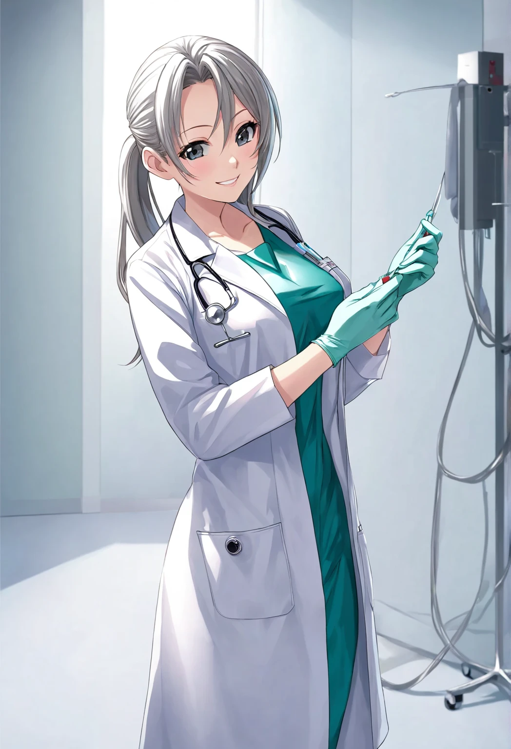 (( female doctor)), anime, smiling, (( Surgical Gloves)), (( latex gloves )), [adjusting gloves],  other clothing is not made of latex, (( Long Sleeve )),  is standing, Alone