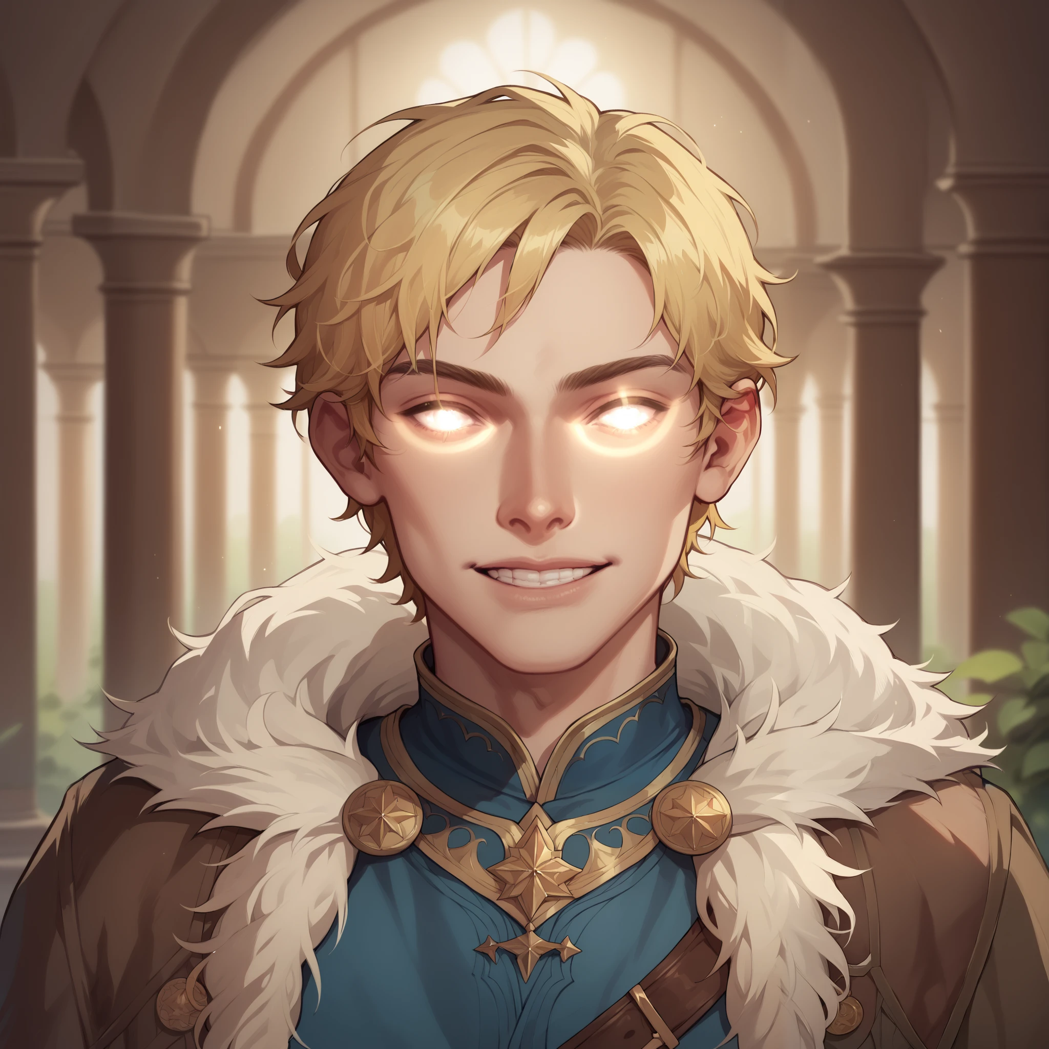 (((beautiful, high quality, comics style, detailed face))), score_9, score_8_up, score_7_up, BREAK, 1man, twink, curly hair:1.1, blonde hair, ((pale skin, shine)), glowing eyes, white eyes, fur mantel, brown fur cape, tunic ((light blue, fancy fabric)), solo, portrait, upper body, portrait, angelical look, bearing teeth, facing viewer, fantasy outside, blurred background, DeepNegative_xl_v1, detailxl, zPDXL3