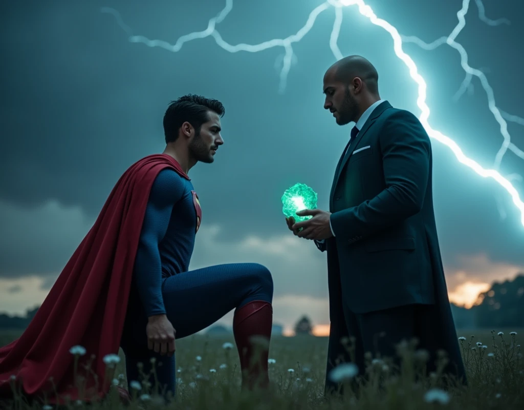 A muscular attractive Cody Christian, dressed in tight blue Superman suit, a red cape falls behind his shoulders, kneeling down, head down, His facial expression appears pained or exhausted, He looks weak and in pain, with his mouth slightly open and his eyes closed. Standing front cody is a bald man, dressed in a dark suit, holding a small glowing green crystal in his hand. Dark clouds lightning background, night lighting, cinematic and moody, (best quality,4k,8k,highres,masterpiece:1.2),ultra-detailed,(realistic,photorealistic,photo-realistic:1.37),HDR,studio lighting,professional,vivid colors,dramatic lighting