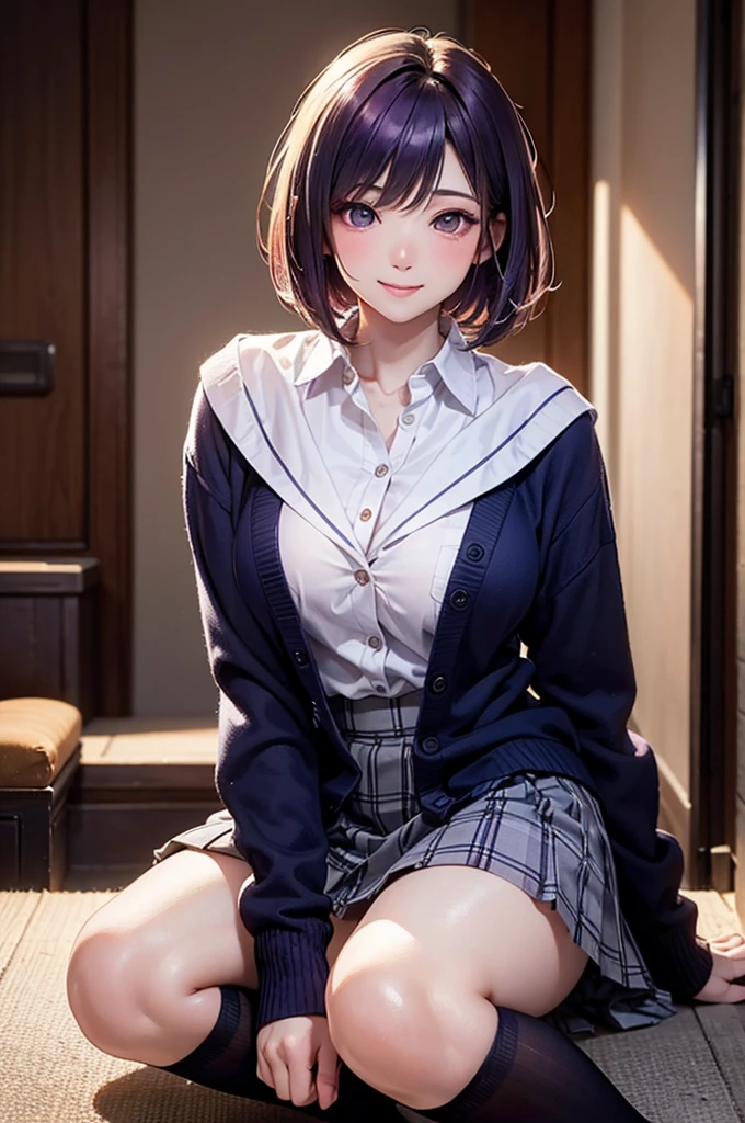 8K、Highest quality、(masterpiece:1.2)、Real、Super fine、Ultra-high resolution、1 person、Beautiful face、perfect body、((Black Bob))、Waistline、(Waist Slim:1.3)、Beautiful Skin、Skin Texture、Floating hair、(((highschool Uniform)))、classroom、Blushing、((full body shot))、high school girl、White tank top、Panty shot、White panties,Detailed depiction of the thin cotton texture and wrinkles of the panties、Detailed and beautiful hair texture、Detailed depiction of large pink areola、Sit on a desk and spread your legs wide,yoshizuki_iori
School_uniform_Purple_shirt_Blue_skirt_White_neckerchief_Black_thighhighs