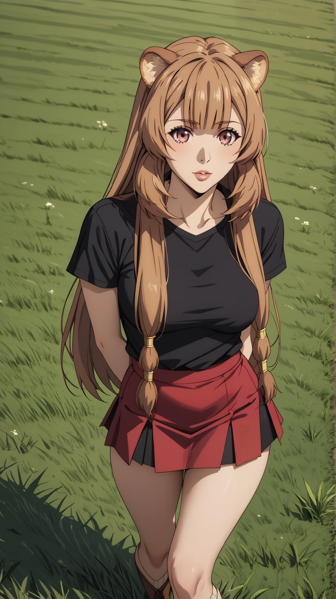 Masterpiece, extremely detailed,4k,solo, 1girl, raphtalia,korean face, manhwa face, long hair,full body ,perfect slim body ,long legs,arms behind back,perfect slim body, very large breasts, ((kawai face)),Klimaks ekspression,(thin lips),Black tshirt, mini skirt, cowboy shoot,((grass)), Front look, looking at viewers
