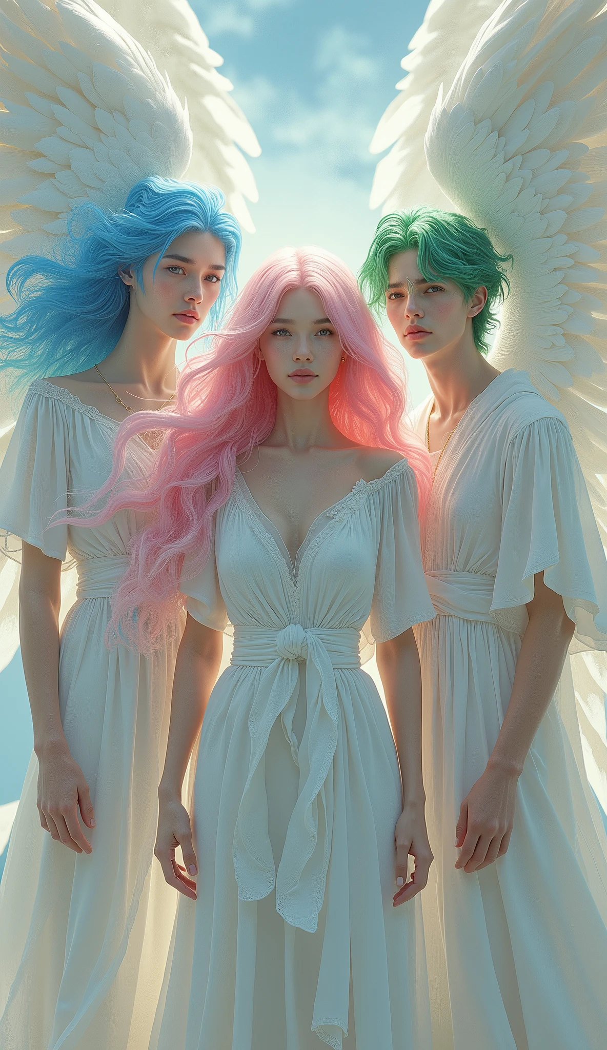 Long-haired male angel with blue hair 、 female angel with pink hair and long waves 、Short-haired male angel with green hair and wavy hair、White clothes、 since age 27。