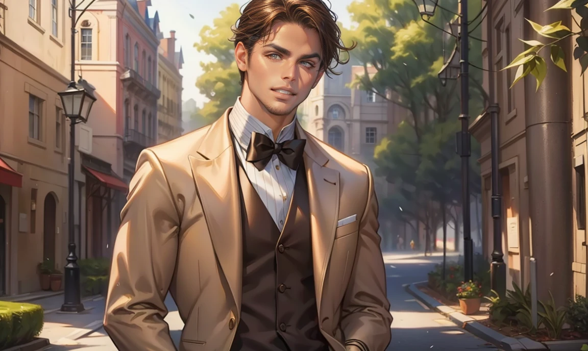 (masterpiece, best quality), 1 male, 22 years old:1.4, tall slender guy, finely detailed eyes and detailed face and detailed clothing, intricate details, realistic, very pretty, latino with tan skin:1.7, wavy shoulder-length medium-length brown hair:1.7, dark eyes:1.7, romantic beautiful face:1.5, professionally-dressed in a Victorian-era men's clothes:1.4, teacher:1.4, has a relaxed smiling expression on his face:1.7, looking at viewer:1.5, standing outside a secondary-school building, surrounded by trees.