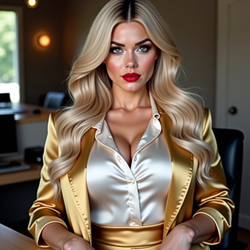 blond woman in a suit posing in a kitchen with a table, business attire, in a business suit, wearing a strict business suit, blonde, long blonde hair and large eyes, breath taking, breath taking beautiful, in strict suit, a gorgeous blonde, wearing business suit, with a business suit on, trending artwork, blonde woman, blonde goddess, milf, looking hot --auto