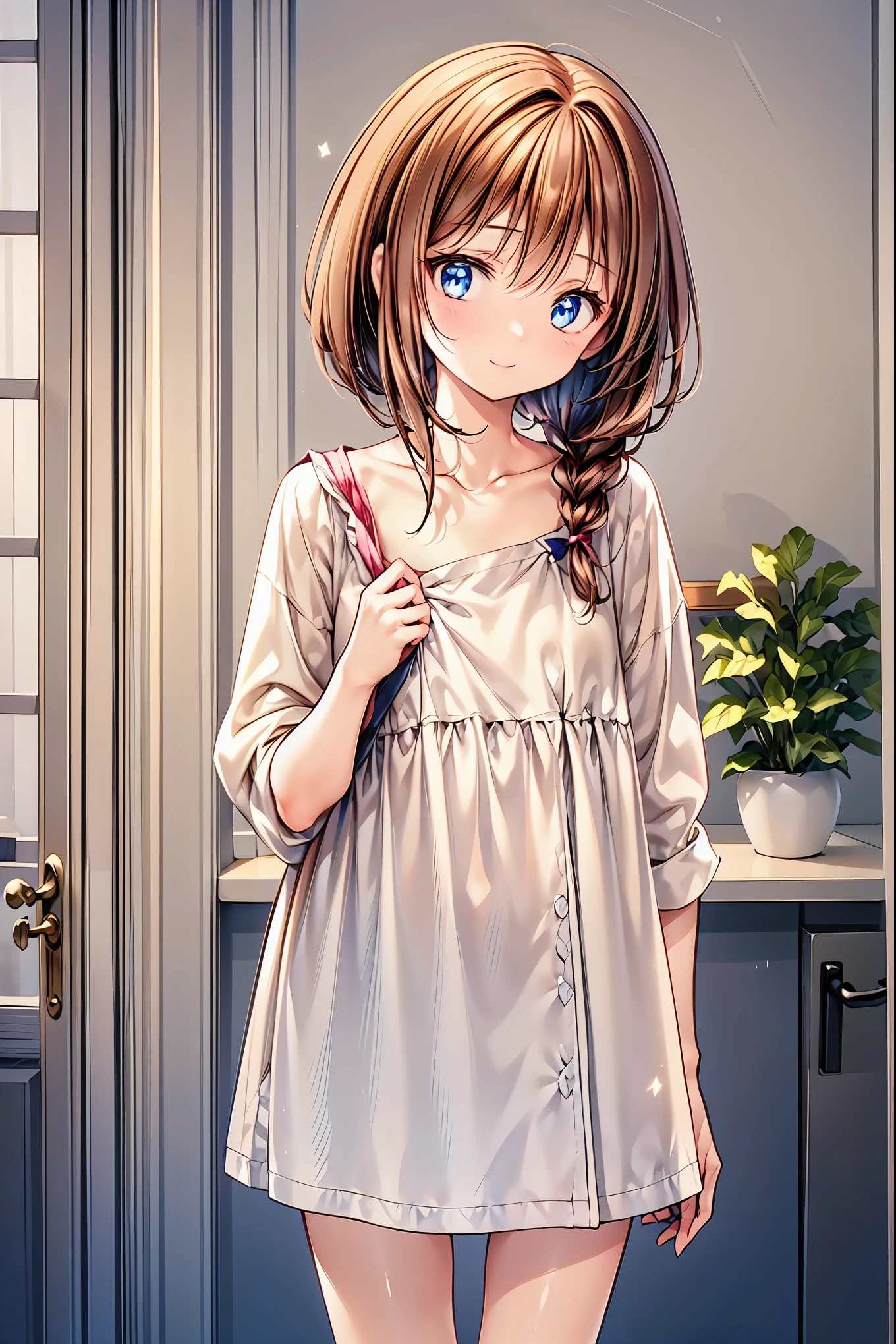natural light, soft smile,t half up , brown hair, girl in white clothes , brown hair, shortcut, Hands on Bravistier,Short braided hair,Neat, slender beautiful woman,Correct posture,Small chest, Beautiful Legs, has enchanting gray-blue eyes shining like stars,Droopy eyes, bright color, beautiful eyes,A delicate smile,Textured Skin, Best Quality at its Best , gentle and beautiful woman , anime style、