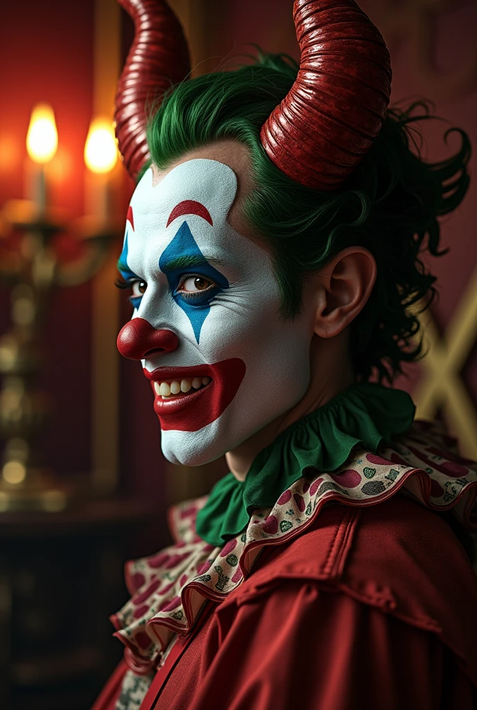A gothic clown with dark, twisted makeup, green mist rising from his face, and eerie, shadowy clothing. The background is a dark, haunted mansion.