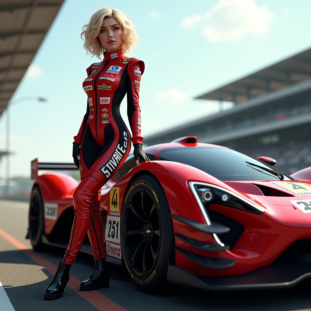  Ultra-detailed realistic 3DCG art ,  The 3d beautiful korean blonde (hairstyle curls)) girl of the future poses for the stylish race car of the future.. Detailed red and black racing suit with racers shoes,  The suit has many sponsor logos . The stylish body shape is based on a futuristic cyberpunk motif ,  The body features many sponsor logos ..  starting grid background , Take a cool sexy pose next to the car ,  Anatomically accurate body model 、 The glitter and texture of racing suits , cowboy shot、(Шедевр 4k, 8 k, top quality:1.5)Super detailed. high-quality 3D rendering 、 dramatic lighting 、 high-res professional shooting 、rewarded 、В профиль, Крупный план, 