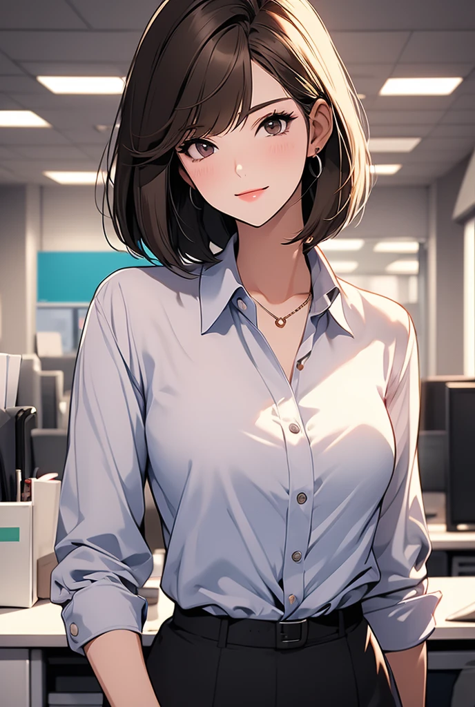 1girl, ayumishinoda_jav, breasts, long hair, parted lips, wavy hair, 1lady standing, /(casual shirt/) (pencil skirt:1.1) /(id card lanyard/), (mature female) bangs, blush kind smile, (masterpiece best quality:1.2) delicate illustration ultra-detailed, large breast BREAK /(modern office indoors/), window skyscraper, look at viewer,
(ultimate quality, masterpiece, highres:1.0), realistic:1.0, photorealistic,
