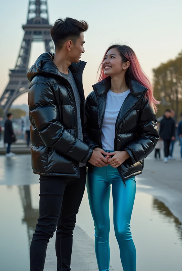 there is a darkhaired girl in a high-shine wet puffer jacket, a longhaired girl in a shiny black puffer jacket, there is a blond man in jeans being carried by a girl, there is a wounded and consciousless man lying in the arms of a longhaired girl, affection pose, lecherous action pose, dramatic action pose, theatralic pose, woman that is carrying a skinny man, there is a beautiful woman in a shiny coat who is carrying a blond man in her arms, a longhaired beautiful woman in a high-shine black puffy coat, a longhaired woman in a shiny downcoat, a woman is carrying a shorthaired man who is wearing black shorts, a weak man in black shorts is consciousless and needs to be carried, a shorthaired man with closed eyes is carried in the arms of a longhaired woman, a woman looks very scared and terrified, a consciousless man with closed eyes is suffering very much and has a very painful face, photo, photo shoot, photographed , accident, help, aid, first aid, pity
