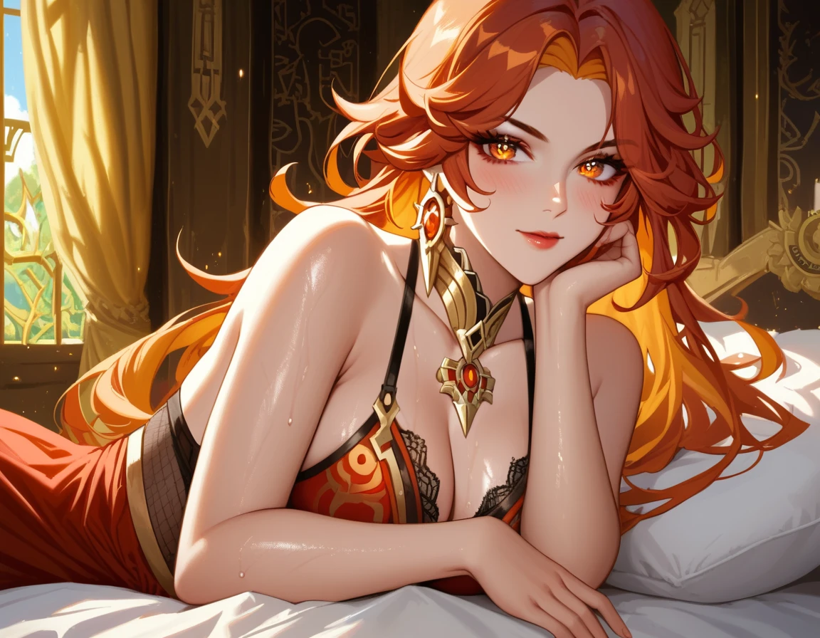 tribal clothing, fur bikini, primeval woman, red hair, confused, voluptuous, lying on a bed