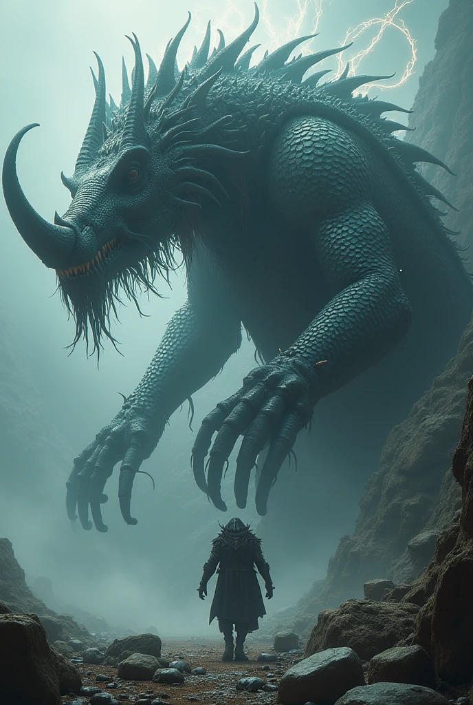 A giant creature with a long, thin neck emerging from the misty lake.