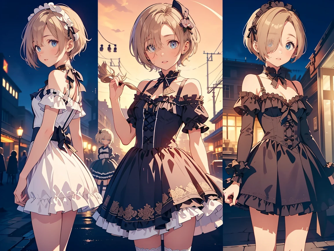 (( best quality , 8k, masterpiece:1.3)), concentrated:1.2, Perfect Body Beauty:1.4,  highly detailed face and skin textures with hair hiding the chest,  beautiful eyes,  double eyelids, break, (koume shirasaka:1.5), (short Hair:1.5), (wind, Floating Hair:1.1)、 ( purple eyes:1.1), Blonde,((hair over one eye:1.5)), break, (Perfect hands, perfect anatomy),(small breasts:1.5),(small head:1.5),(scrawny legs: 1.3),((pale bule skin)), break, (looking at viewer:1.3), break, ,(( lolita fashion:1.3))、 BREAK Upper Body 、cowboy shot, (( standing picture :1.5))、((3 girls:1.5))、((multiple views:1.5))、
