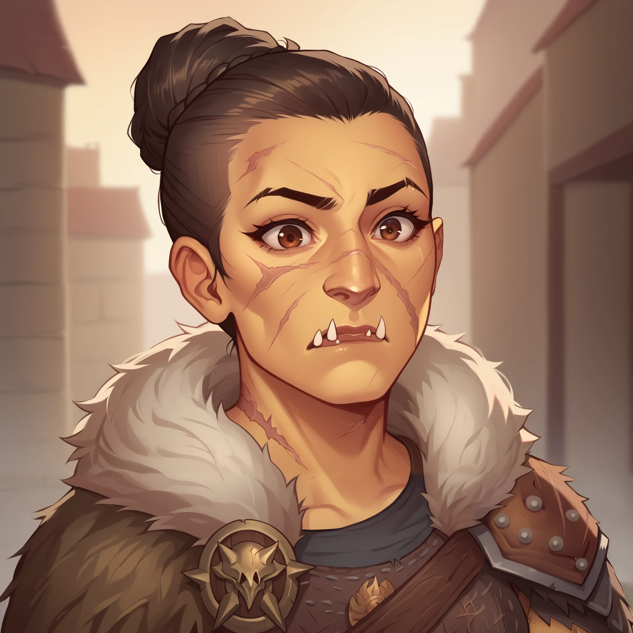 (((beautiful, high quality, comics style, detailed face))), score_9, score_8_up, score_7_up, BREAK, portrait, solo, 1woman, Hobgoblin, yellow skin, ((fangs, big nose)), surprised, one raised eyebrow, brown eyes, side cut, dreadlocks in a bun, square jaw, scars, adult, fur mantel, fur cape, hairy armpits, barbarian, gladiator, bulging veins, bone jewelry, fantasy city, blurred background, face focus, Expressiveh, detailxl, DeepNegative_xl_v1, zPDXL3
