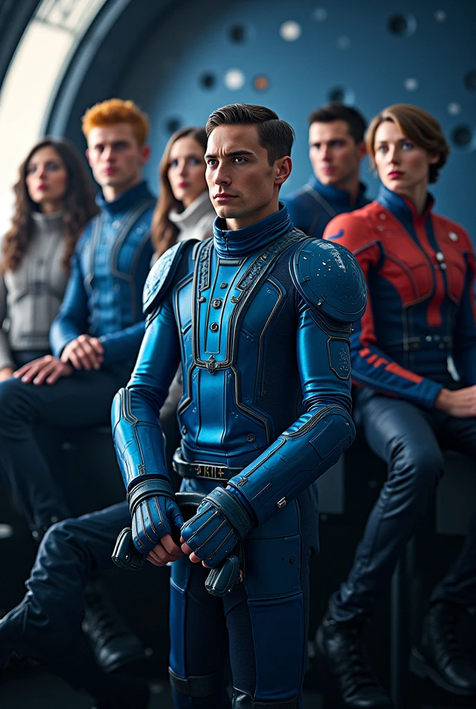 a handsome blonde teenage boy, 2 males, (detailed face, beautiful blue eyes, long eyelashes, perfect skin:1.2), (smirking Captain Jack Harkness:1.3),