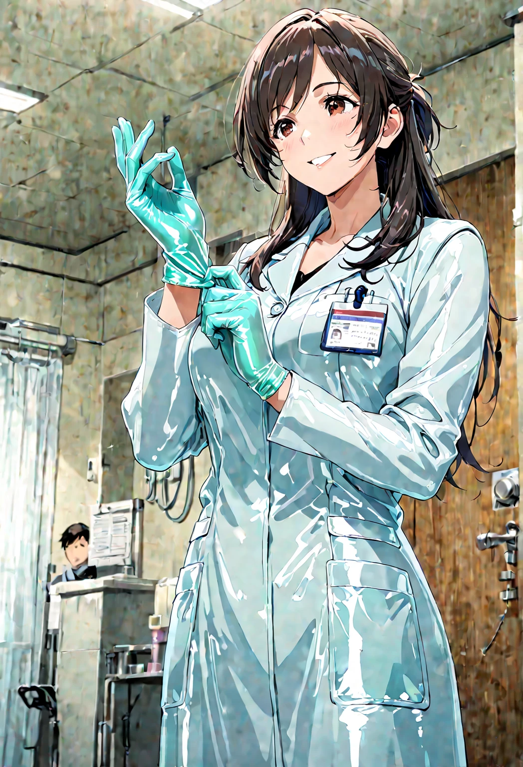 (( female doctor)), anime, smiling, (( Surgical Gloves)), (( latex gloves )), [adjusting gloves], (( Long white Sleeve )), is standing, Alone