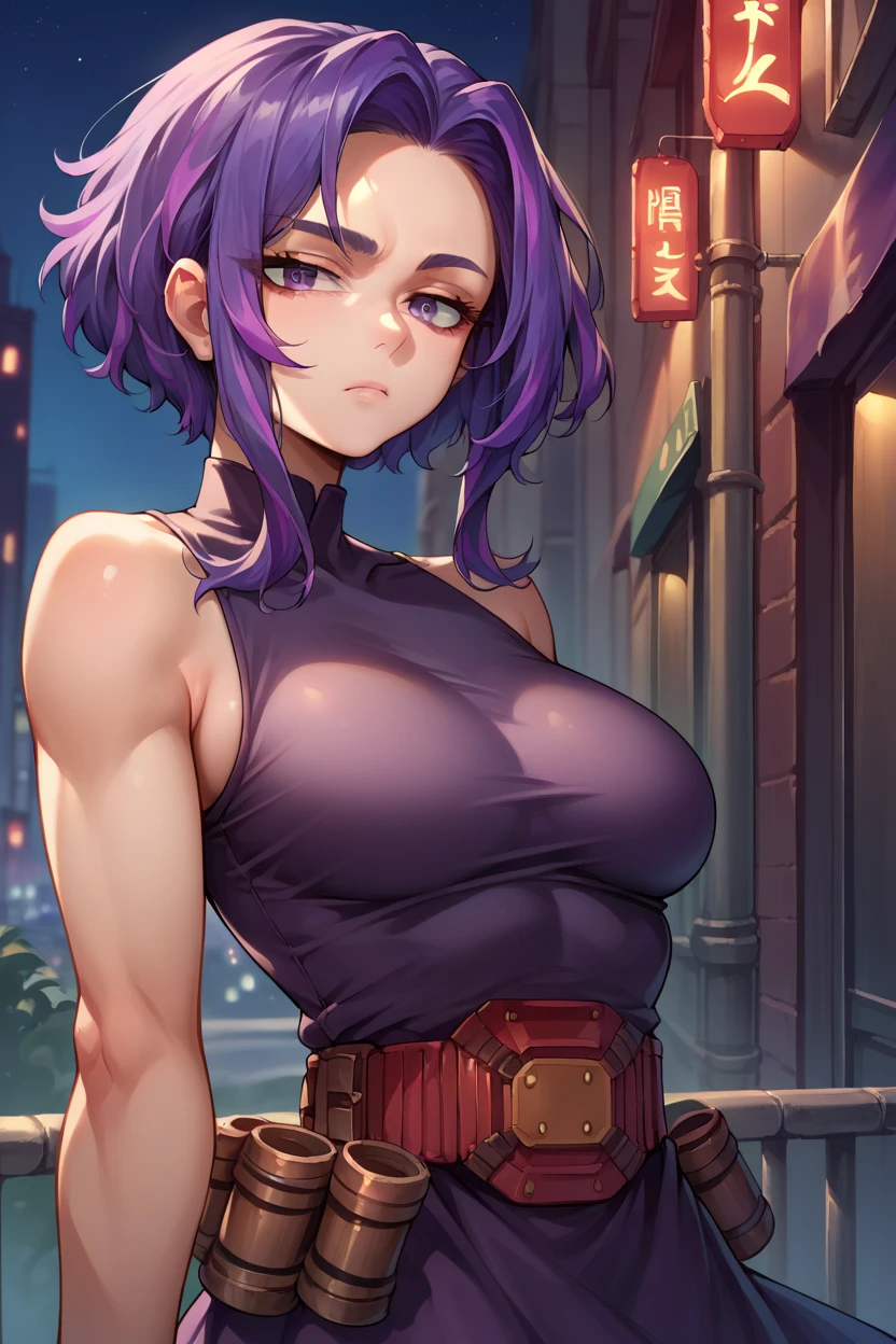 score_9, score_8_up, score_7_up, score_6_up, source_anime, BREAK 1girl, solo, ladynagant, purple hair, streaked hair, short hair, purple eyes, purple dress, belt, sleeveless, medium breasts, looking at you, expressionless, night, city, upper body