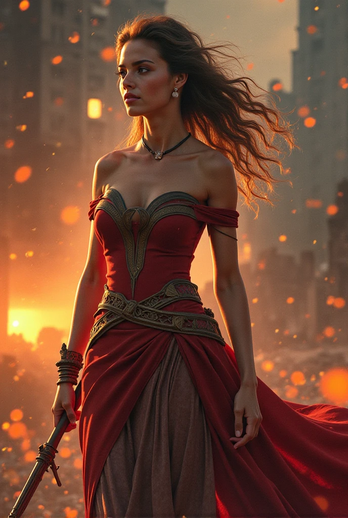 long flowing hair, wearing a vibrant red dress, surrounded by futuristic technology, in a cityscape filled with towering skyscrapers and neon lights, with a sense of wonder and exploration in her eyes, capturing the essence of a modern and technologically advanced world, with a touch of fantasy and magic, bathed in warm golden tones, highlighting the beauty of the scene, brought to life with dynamic lighting, and bringing out the intricate details and textures of the artwork, evoking a sense of awe and admiration.