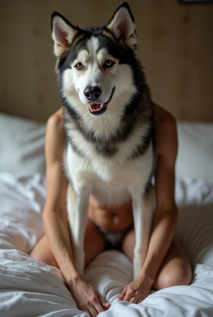 A hyper realistic, ultra detailed image, (((((nude, side view, feral, hugging, looking at each other, human female, duo, anal, husky, lying on belly))))), realistic, detailed background, (((((belly hugging, hands on chest, excessive cum on belly)))))