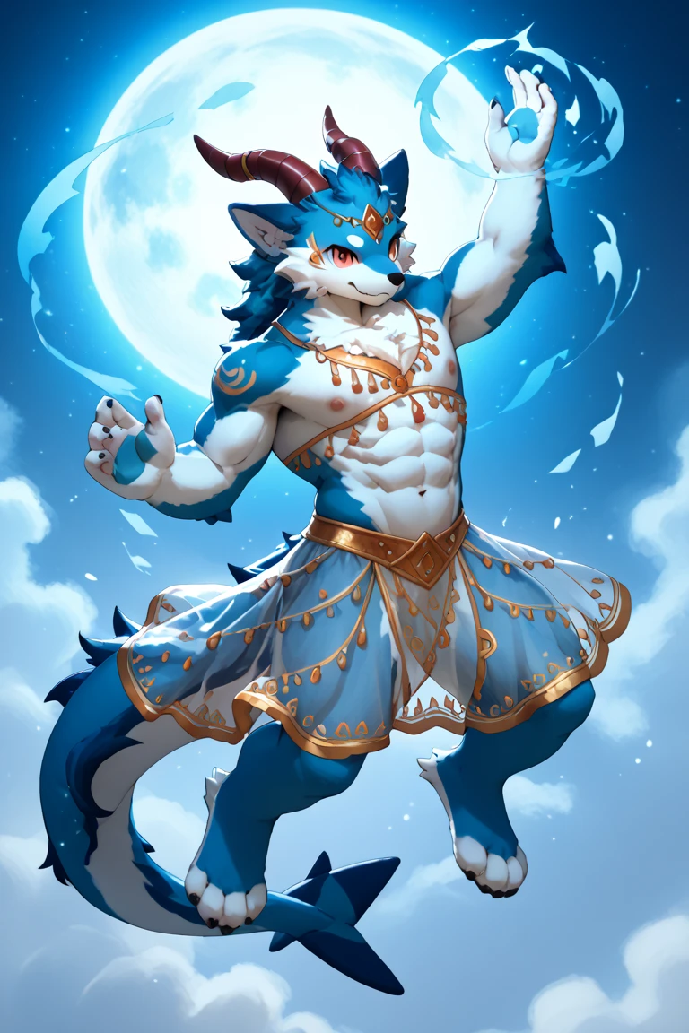 Solo, dragon, white dragon, eastern dragon male, gray hair, white body fur, muscular male, elder male, light red eyes, wearing nothing,gray fur tuft, eastern necklace, star night background, ( by Sollyz, masterpiece, 8k, hd), Looking at viewer, smiling, detailed face, detailed eyes, detailed hair, detailed muscles, detailed clothes, Genshin, nsfw, nude lower body, big penis, jerking cock, cum on full body,