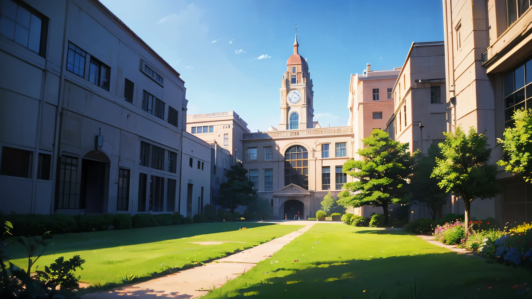 Best quality, ultra detailed, 8k, outdoor, back ground big hospital, wide garden , anime style, 8k, masterpiece, ultra high res, There are no people,