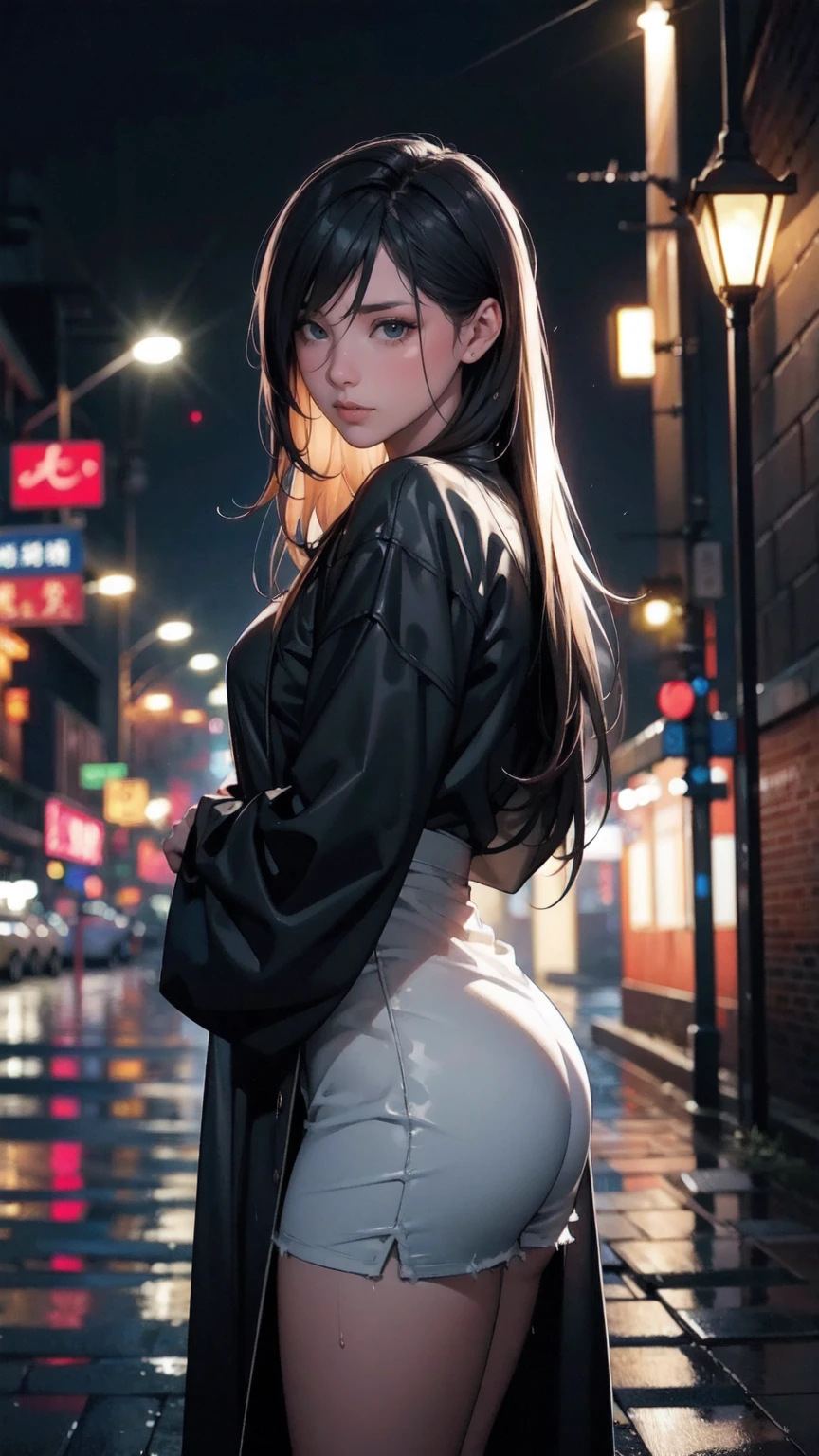 opll,
RAW Photos、(Realistic)、(Super detailed)、(High resolution:1.37)、(masterpiece)、(Highest quality)、(8k)、(Ultra-Details)、(Back view)、Angle from below、(Perfect Anatomy:1.3)、(Beautiful Eyes)、One person、Looking back at the viewer、(Black Leather Jacket)、Ultra mini skirt、Black knee-high boots、Black Hair、(Super hourglass body type:1.3)、(Super big breasts pointing upwards:1.3)、Erect nipples、Super-protruding pink areola、Narrow waist、Wide super big ass、A confident smile、Increased costume transparency、Super see-through、Sexy and acrobatic poses、Correct fingers、Street、Movie Scenes、Concept Art
