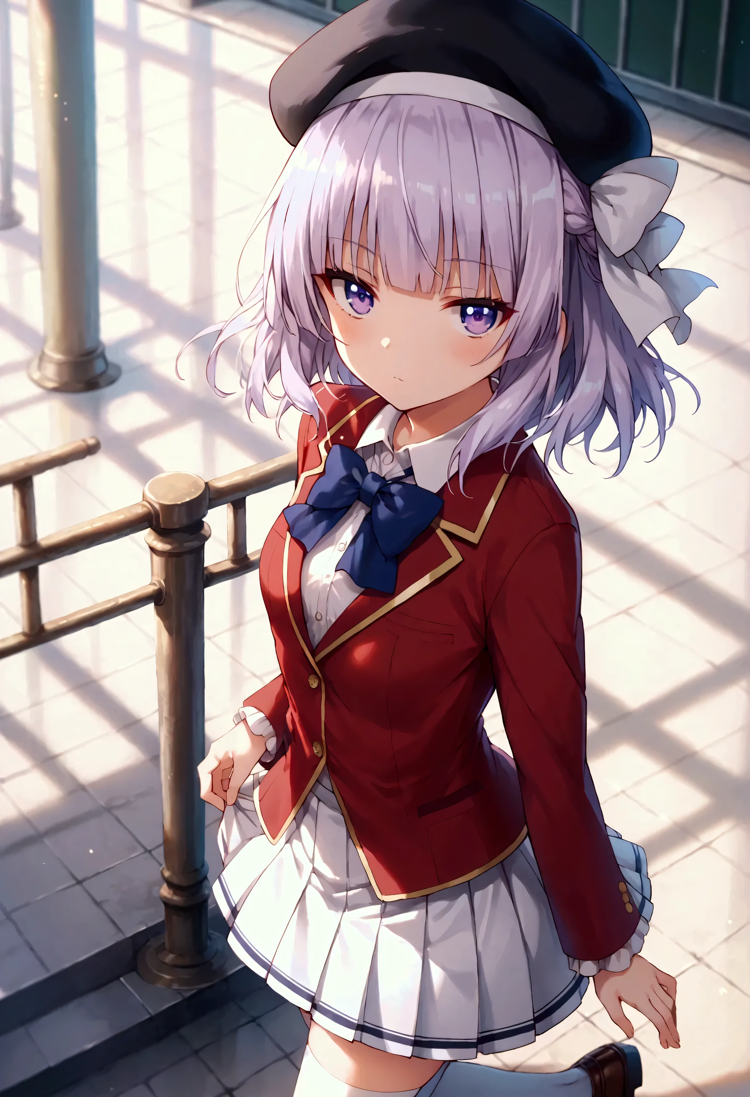 score_9,score_8_up,score_7_up,source_anime,high res image,shiny hair,1girl,solo,looking at viewer,Sakayanagi Arisu,beret,black headwear,medium hair,light purple hair,braid,hair bow,white bow,hair ribbon,white ribbon,sidelocks,blunt bangs,purple eyes,school uniform,red jacket,blazer,blue bowtie,white shirt,collared shirt,dress shirt,long sleeves,small breasts,miniskirt,white skirt,pleated skirt,zettai ryouiki,white thighhighs,loafers,brown footwear,