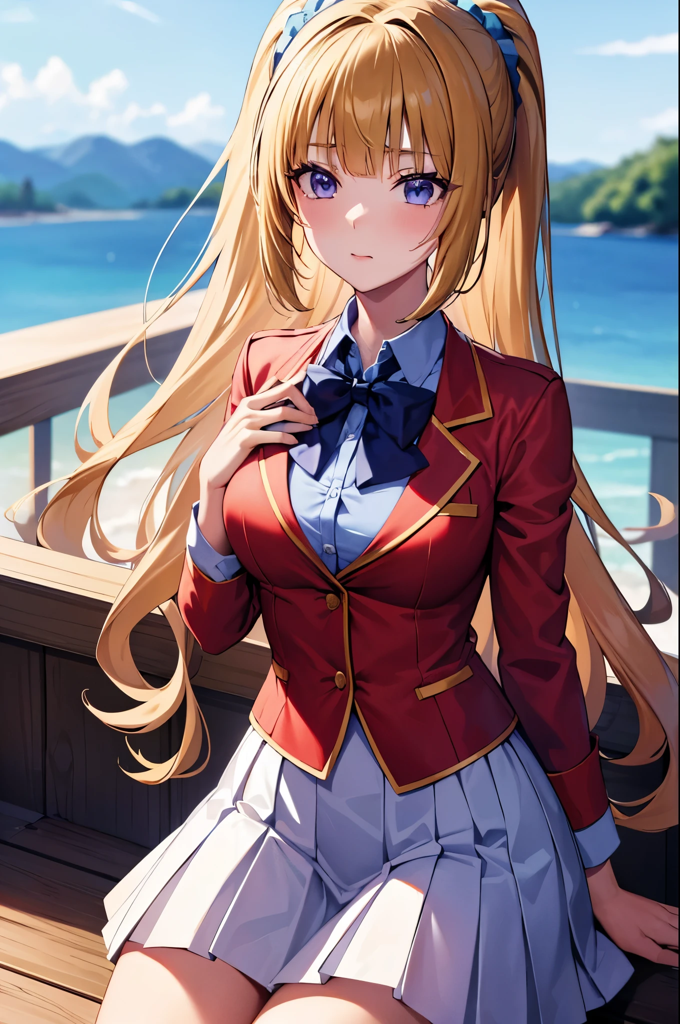 (8k, best quality, masterpiece,ultra detailed, ultra high res:1.2), anime keyvisual,
1girl,
Kei Karuizawa,
Kei Karuizawa \(youjitsu\),
long hair,
yellow hair, purple eyes, glossy lips,blue bow, hair scrunchie, medium breasts,
red blazer(two button), long sleeves blazer,buttoned blazer, blue blouse, pleated white skirt, white socks,
cowboy shot,outdoor
perfect light, natural face, sitting posture,