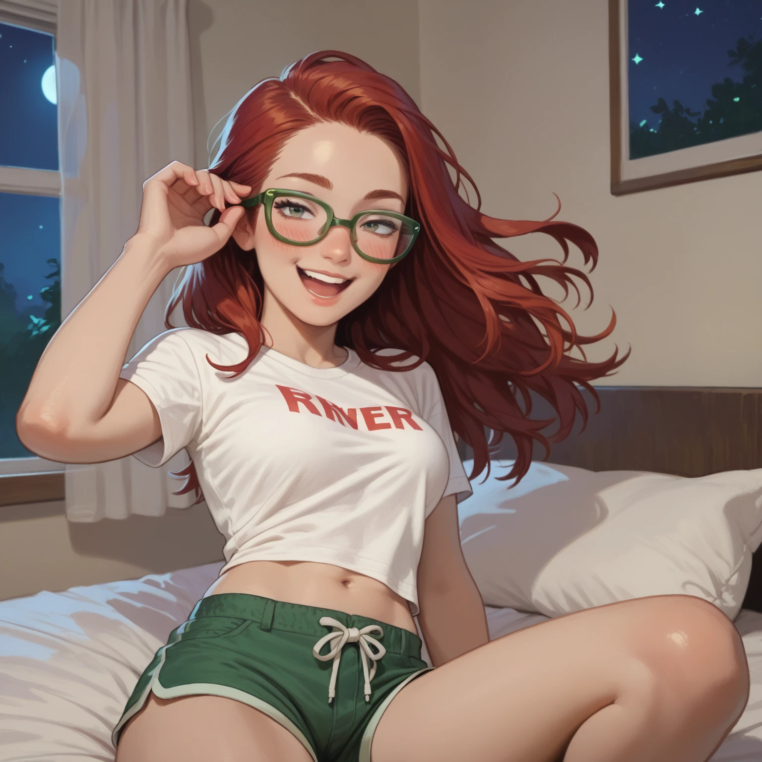 masterpiece, best quality, (1 girl), solo, nice hips, medium breasts, smile, nerd, young girl, wide hips, (kids bedroom), detailed eyes, (one big braid), ginger, shy expression, shy smiling, sitting, freckles, glasses, braces, braces on teeth, open mouth, bra, pussy, (shy nerd girl), bed, laptop, blush, nerd, twin braids, spread legs,