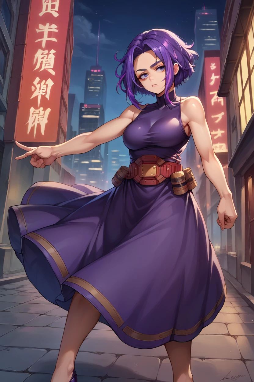 score_9, score_8_up, score_7_up, score_6_up, source_anime, BREAK 1girl, solo, ladynagant, purple hair, streaked hair, short hair, purple eyes, purple dress, belt, sleeveless, medium breasts, looking at you, expressionless, night, city, v stance, purple heels, cleavage 