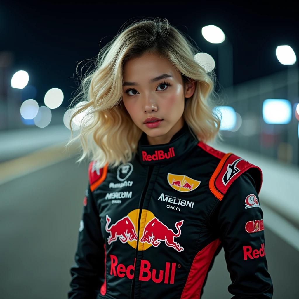  Close-up of a blonde Korean girl in a black and red racing suit with logos,  hair curly to the shoulders ,  black and red racing shoes , sexy standing , background night race track