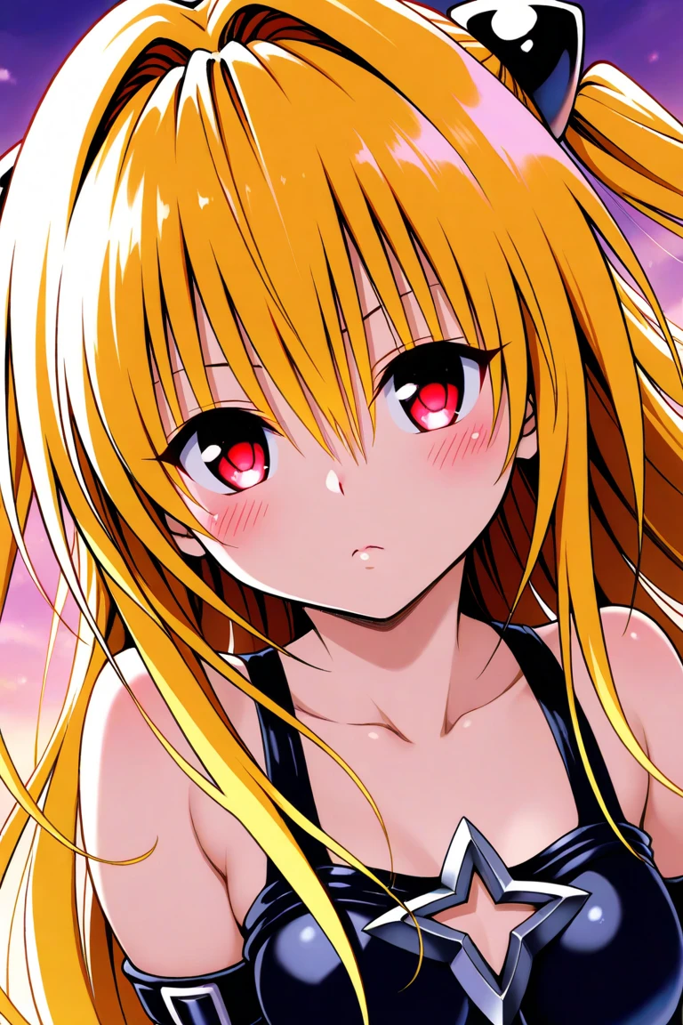 love-ru , konjiki na yami,  1girl,   blond hair ,  blush a lot ,   eyebrows are hidden by hair,  floating hair ,  hair between eyes ,  hair consumes ,  long hair,  medium chest ,   red eyes, beautiful background,  anime style,   top quality ,  great quality, 