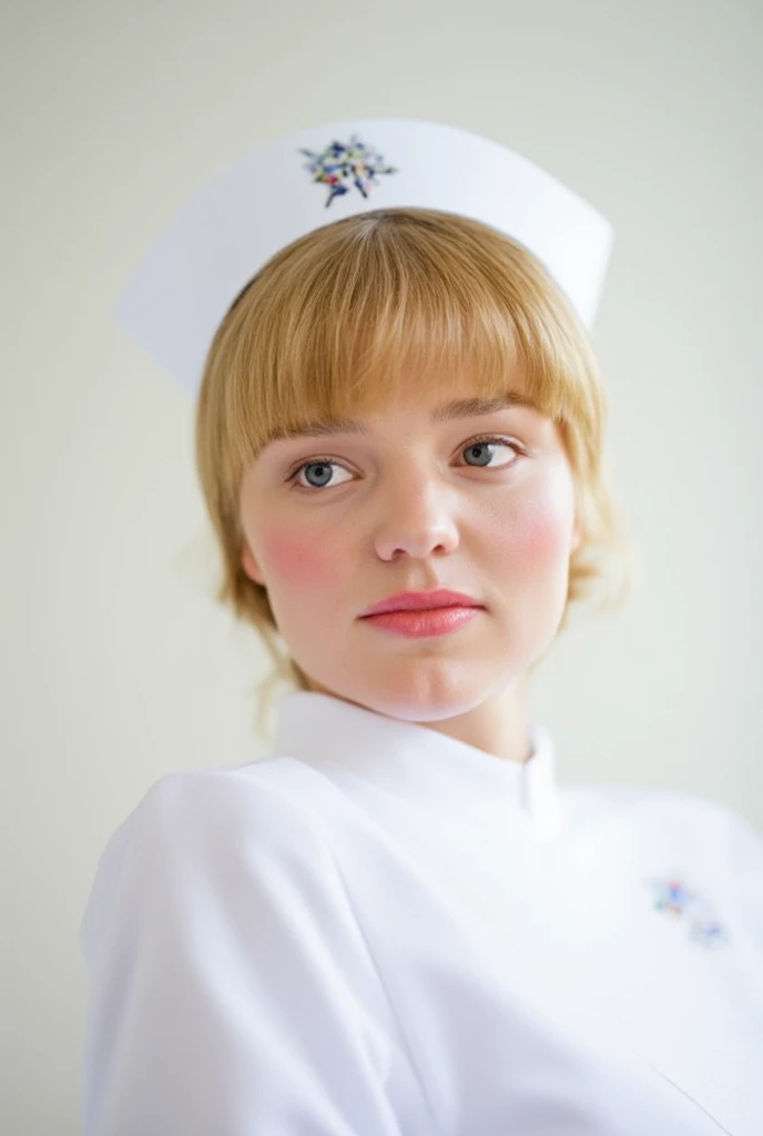 Portrait photo of a mashup with blond hair wearing a nurse costume,  shows language