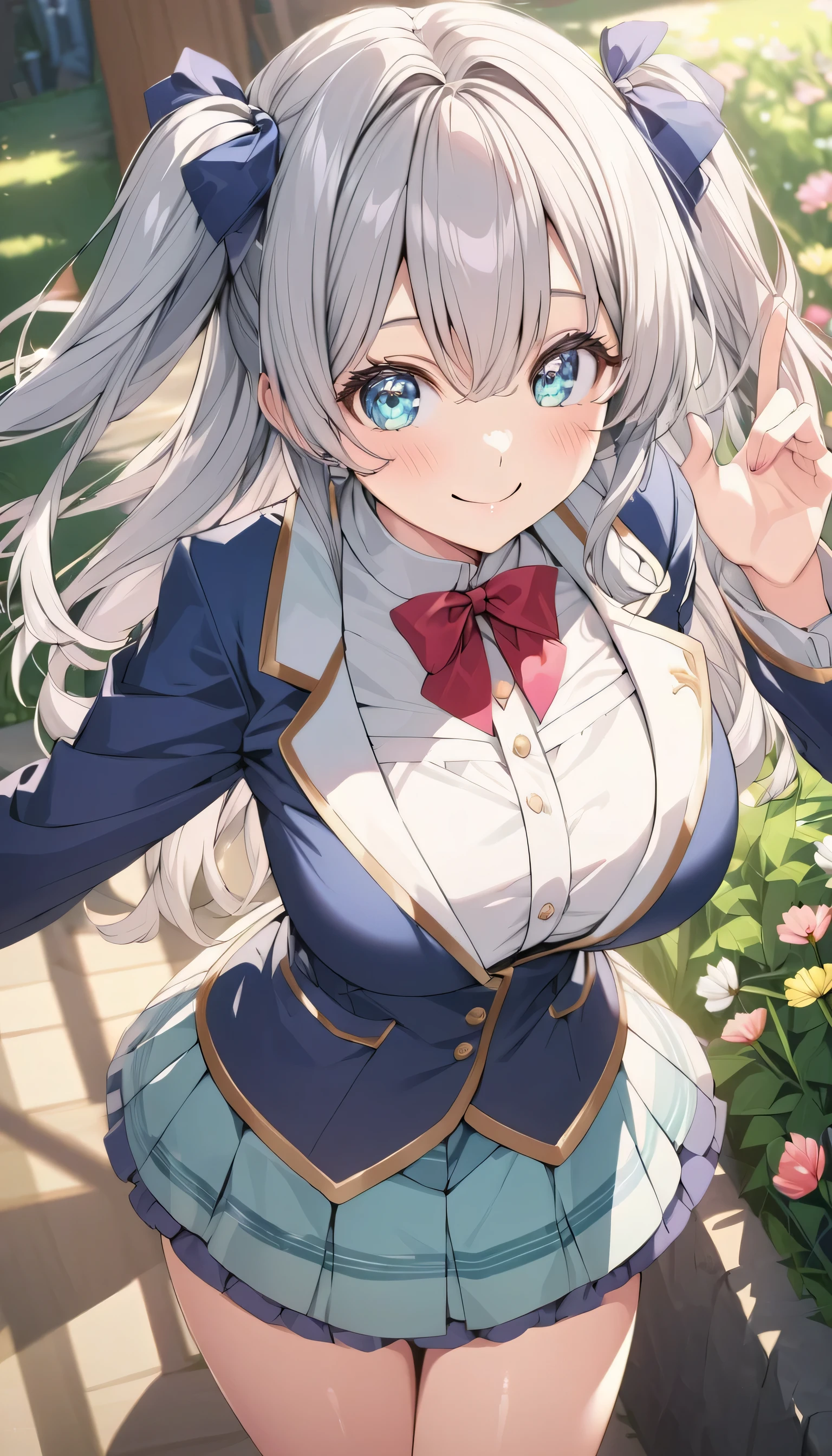 ((ultra-detailed)),   (highly detailed CG illustration),  (best quality:1.2),  ultra-highly detailed,  colorful composition, artistic photoshoot, 1girl, solo focus,  ((thigh to top:1.4)), ((cowboy shot:1.4)), moe anime character,  girl, dainty facial structure, (baby fand face), ((rounded chin:1.2)), ((ideal ratio body proportions)), celia-default, celia claire, (blue eyes), sparkle eyes, silver hair color, two side up, (deep royal blue and white strips hair ribbon), ample breasts, school uniform, deep royal blue blazer, modern style with fitted jacket, red neck bow, checked short skirt, and black high socks, dynamic pose, high angle, expecting, pink cheek, blush, light pink gloss slip,  standing by the school garden, portrait, depth of field, soft lighting, sidelighting, (shine), lighting, caustics, ray tracing, smile, perfect face, lustrous skin, highly  detailed face, highly detailed eyes, perfect face, perfect nose, perfect hair, perfect eyes, perfect anatomy, beautiful hair, beautiful small face, extremely detailed face, beautiful detailed eyes, beautiful clavicle, beautiful body, beautiful huge breasts, leavage, breasts squeezed together, equalize the size of the left and right breasts, beautiful thin thighs,  beautiful legs, beautiful fingers, 4 fingers, 1 thumb, lovely, (very detailed background:1.0), (highly detailed background:1.0), spring aesthetic, intricate details, joyful atmosphere, spring colors palette, chromatic aberration