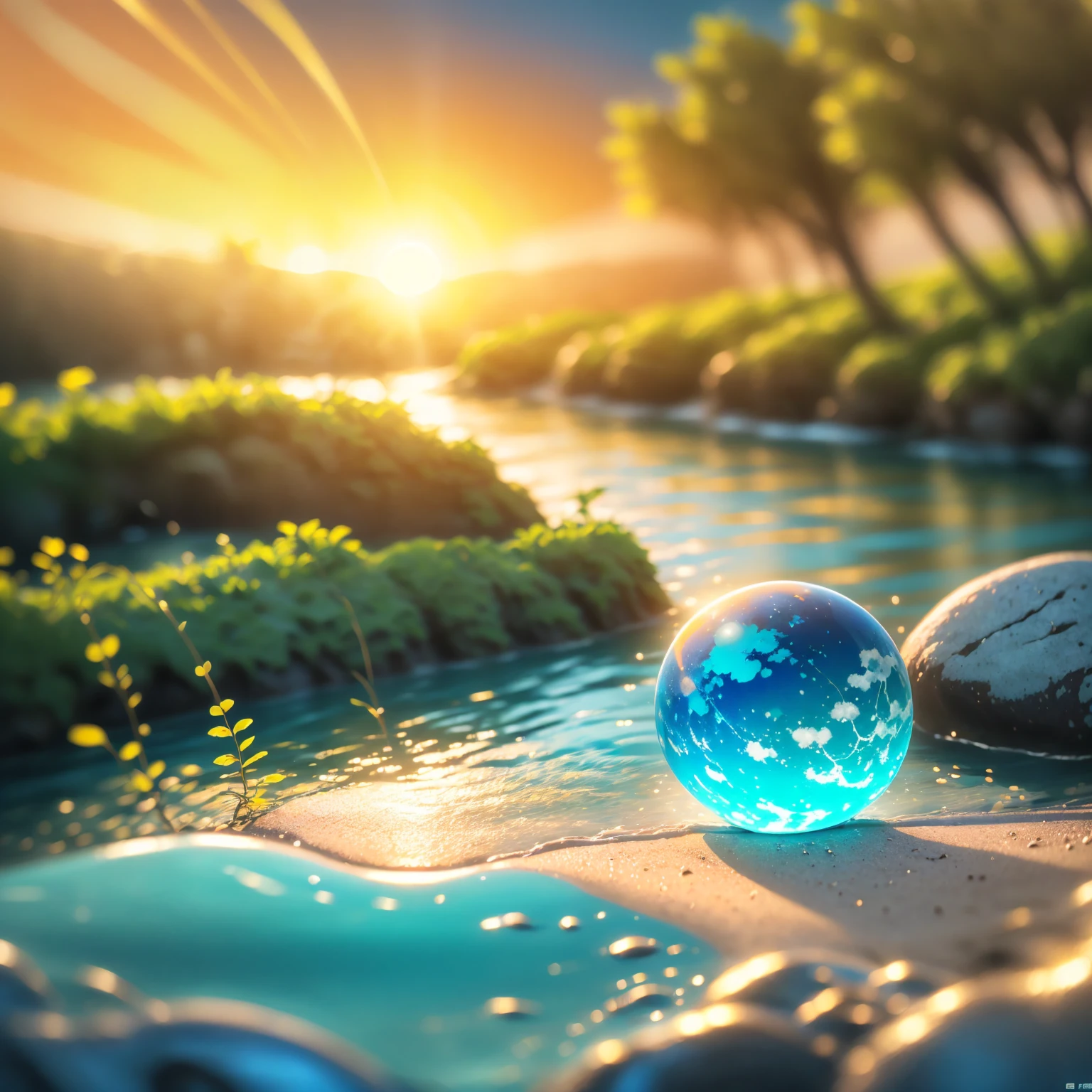 8K quality,(masterpiece:1.3), best quality , detailed images,unmanned,(nature,Riverside, sandy beach, Rock Field,waterfall,Fantastic River,幻想的なwaterfall),Floating(One big perfect sphere is floating ( one big blue water planet is floating)),background( golden gradation,Sunset gradation).