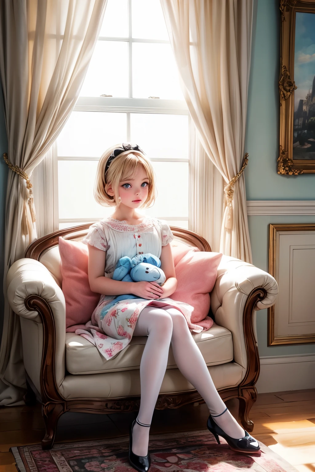 There is a girl sitting on a chair with a teddy bear - SeaArt AI