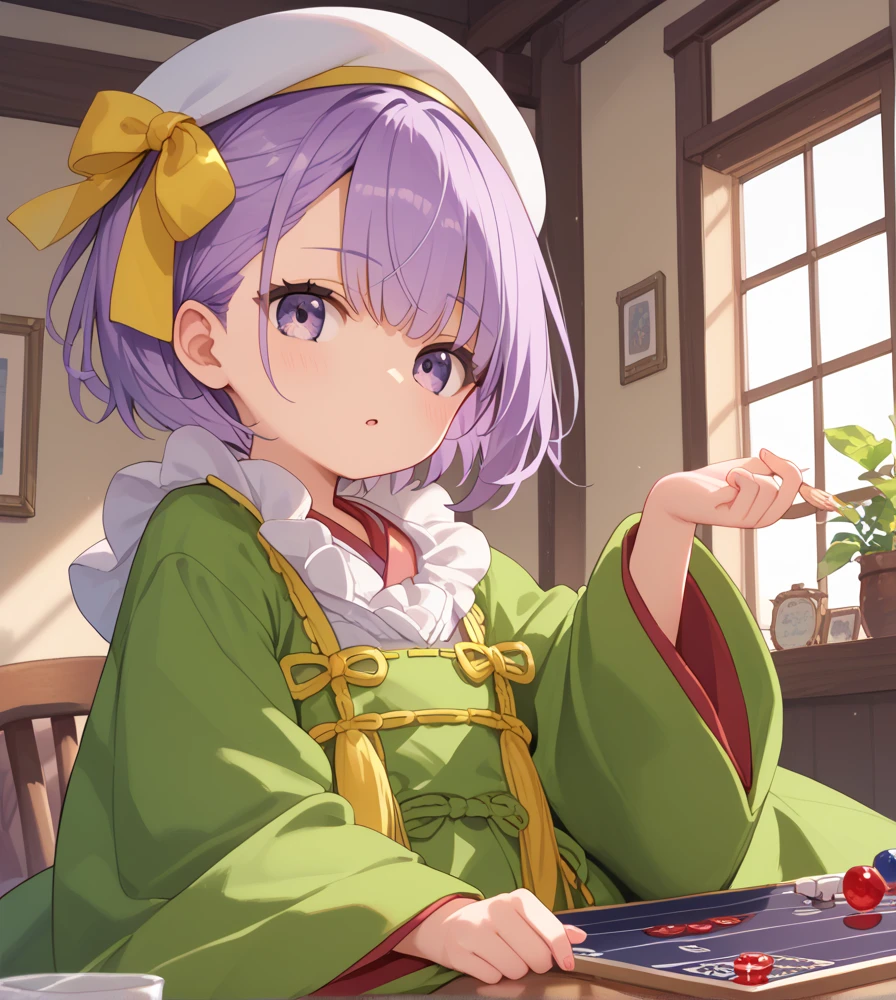 ((masterpiece,best quality:1.2)),Kazuradrop,(((Playing board games:1.3))),(white beret:1.2),die:1.2,purple hair,purple eyes,short hair,single sidelock,yellow ribbon,green japanese clothes,frills,wide sleeves,long sleeves,light blue shorts