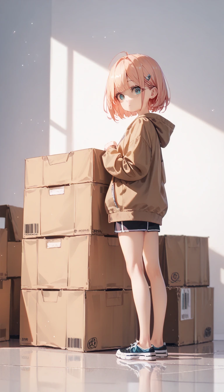 Light cargo,One person, masterpiece, Shortcuts, Brown Hair, Red eyes,  Wide-angle shot, Delivery Person,Baggage,Cardboard,Light van