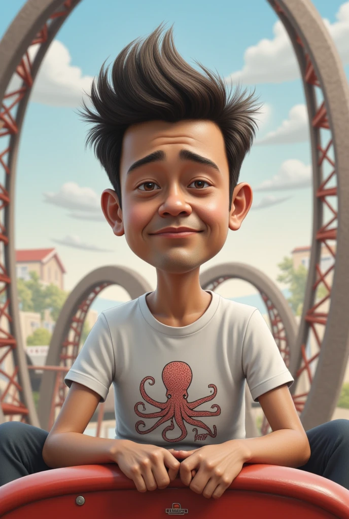  realistic 4d caricature of a young Indonesian man wearing white t shirt with octopus picture riding a long roller coaster alone sitting at the front, flat sad expression,High Resolution, hd