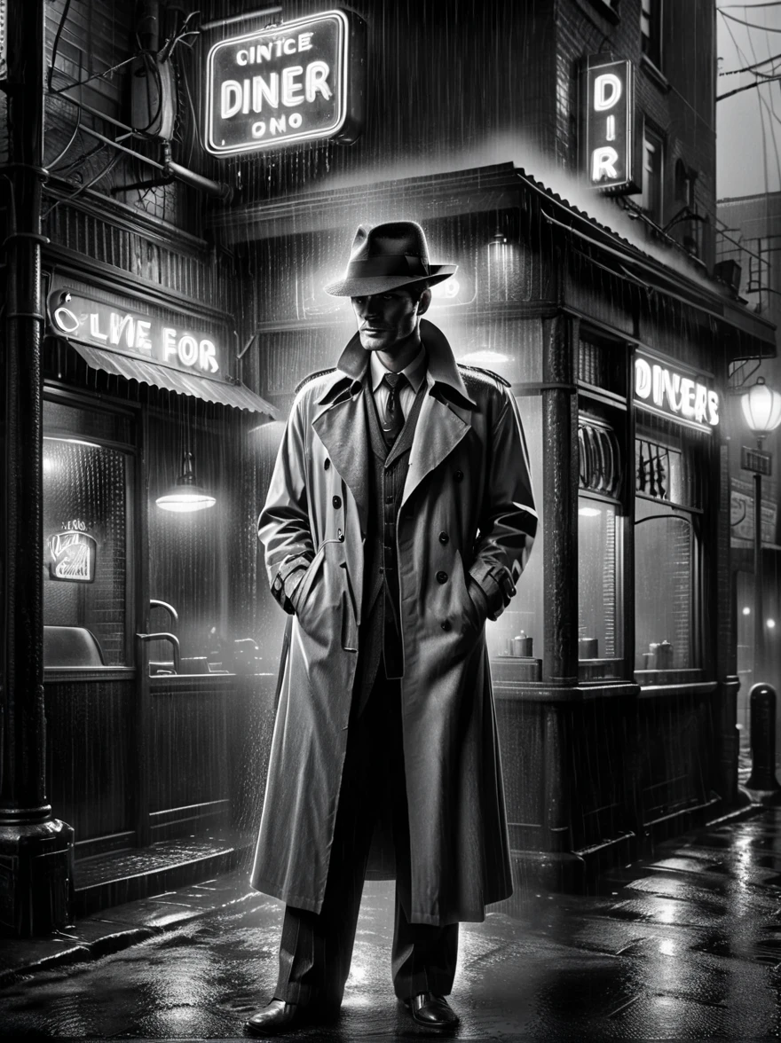 man in trenchcoat and fedora standing outside a gritty diner, rain, fog, 1940, detective noir, (masterpiece:1.2), best quality, (hyperdetailed, highest detailed:1.2), high resolution textures