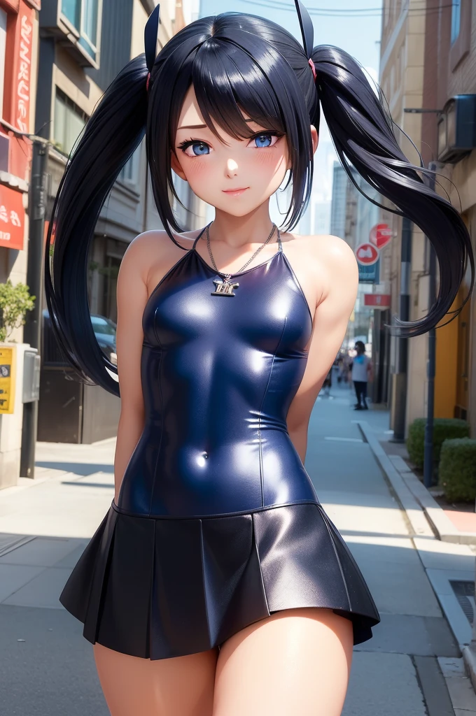 (cabello despeinado), (illustration), retrato, (fondo de ciudad futurista), (arms behind back), Cintura delgada, gran sonrisa, abdominales fuertes, chica delgada, strong abs, muscle girl, front pose, big thighs, focus on face, flat chested, large city background, blue hair, red eyes, skirt, sit on rock, detailed vagina, nude, bunny suit