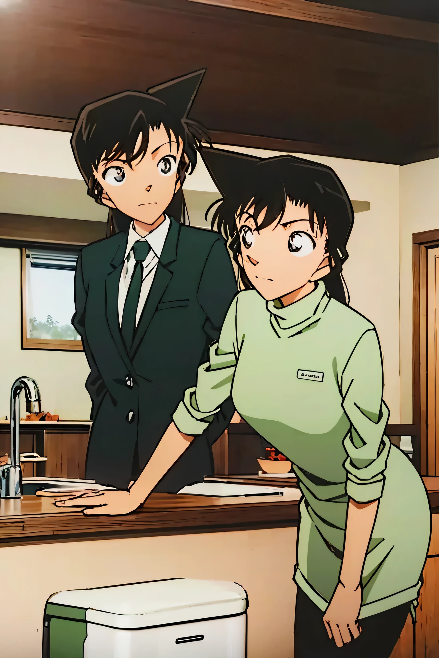 mouri ran,official style, adult, mini tight green dress turtleneck, simple, light green cropped short jacket, green socks, loafer, sink, kitchen, bringing upper body to the sink, open, leaning forward, emphasizing the buttock