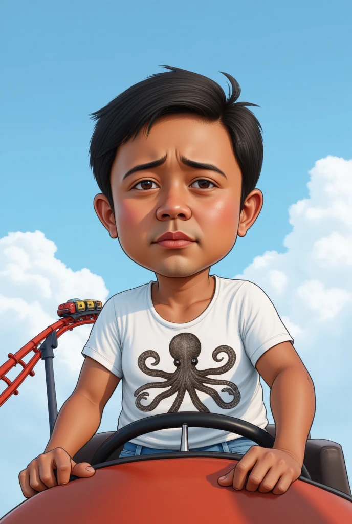  realistic 4d caricature of a young Indonesian man (short hair, brown skin) wearing white t shirt with octopus picture, riding a long roller coaster alone sitting at the front, clouds and sky background, flat sad expression,High Resolution, hd