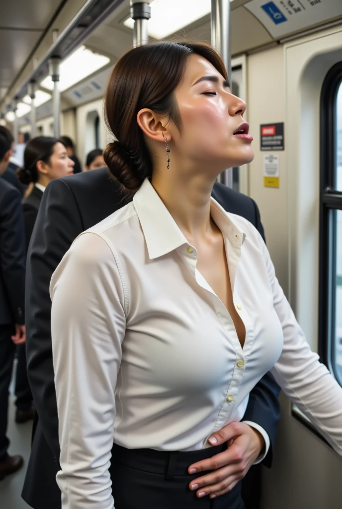   beautiful brown-haired woman  , Commuter trains in Japan,Crowded car interior,  business suit wearing a white shirt 、Wide Chest , ((Beautiful actress orgasms )) ,    Sharp Focus with Eyes Closed    , (  8K ultra HD :0.8),   more details,   RAW amateur photo  ,(( face close-up while changing clothes)),((Frowning, Irritation, frown, Mouth wide open ,Panting face,))Chest, neck, And a sweaty face  ,Coordinating Your Chest to SEXY ,  Beautiful Actress Scandals,Standing by the window of a crowded train 、 woman leaning against the man behind her  ,  leaning back from outside  , A man hugs a beautiful girl who looks like the heroine of an idol anime , sex,seat,(( sweaty chest and décolletage ,  sweaty skin,Sweaty, shiny skin)),(( Wet Filter)) climax face , the chest of the shirt was stretched out and I was sweaty ,Standing by the window of a crowded train , (( slim body,Thin woman, thin waist))