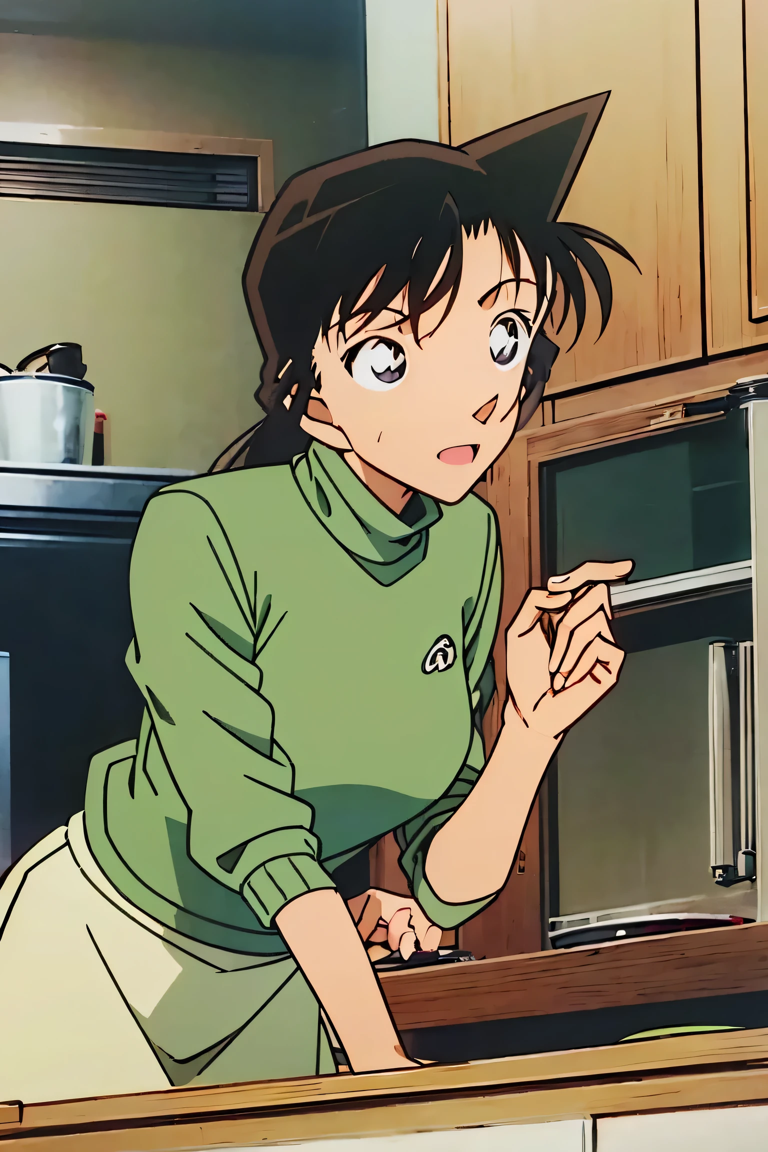 mouri ran,official style, adult, mini tight green dress turtleneck, simple, light green cropped short jacket, green socks, loafer, sink, kitchen, bringing upper body to the sink, open, leaning forward, emphasizing the buttock