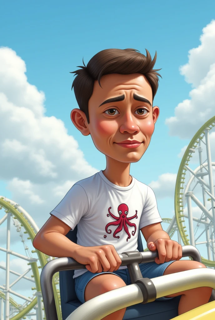  realistic 4d caricature of a young Indonesian man (short hair, brown skin) wearing white t shirt with octopus picture, riding a long roller coaster alone sitting at the front, clouds and sky background, flat sad expression,High Resolution, hd