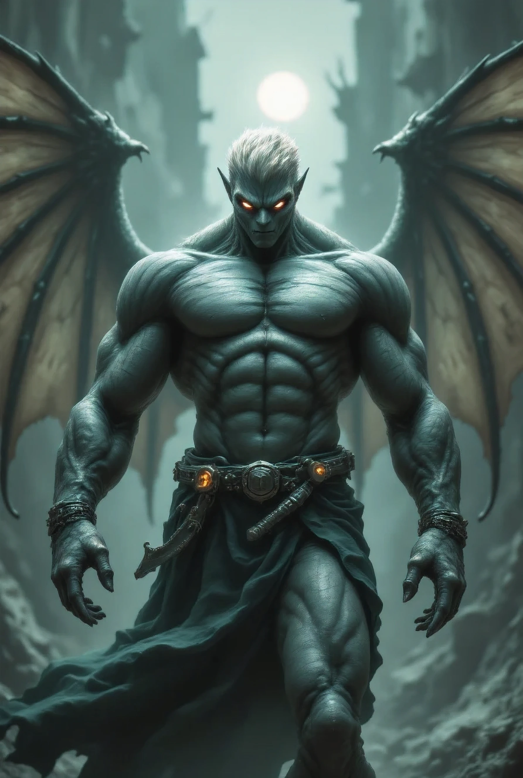 A tall and mighty,Naked muscular body,Bronze skin,Strong muscles,with broad shoulders,Thick pectoral muscles,The abdominal muscles are neatly arranged。Blue veins on arms。Sculptural beauty,Huge black wings on the back,Scarlet eyes,Curved horns on the head。A black skirt,The group is also embroidered with various strange symbols and patterns.。